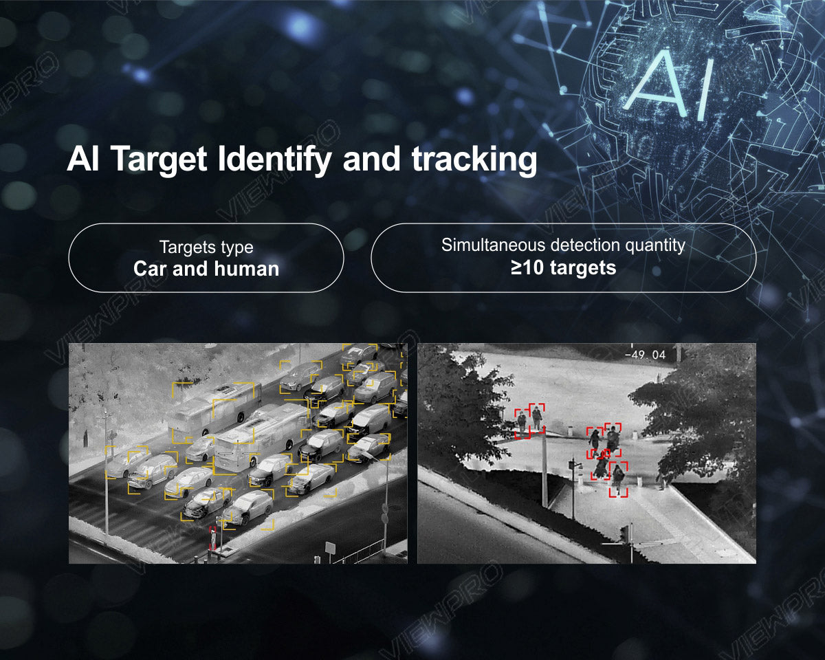 ViewPro AT9-50 Dual Thermal Drone Gimbal, Identify and track multiple targets simultaneously, including cars and humans, with a capacity for 210 targets.