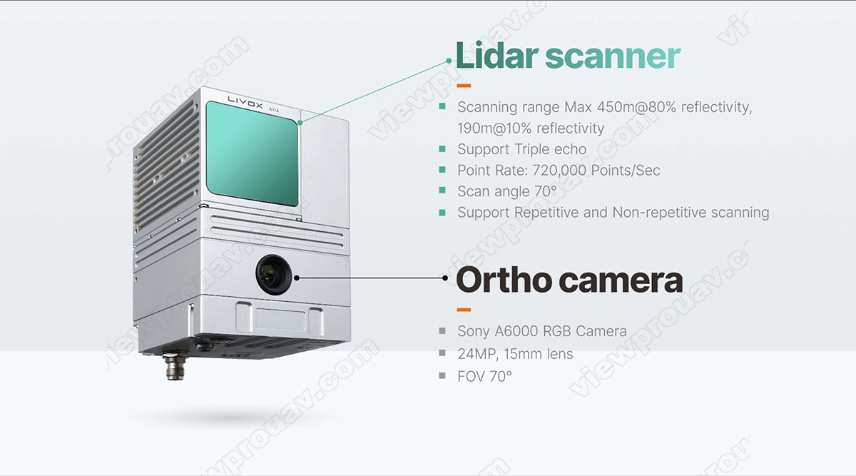 ViewPro GS-100C UAV Scanner, Lidar scanner supports up to 450m range, triple echo rate, and various scan angles and modes; camera module features high-resolution imaging capabilities.