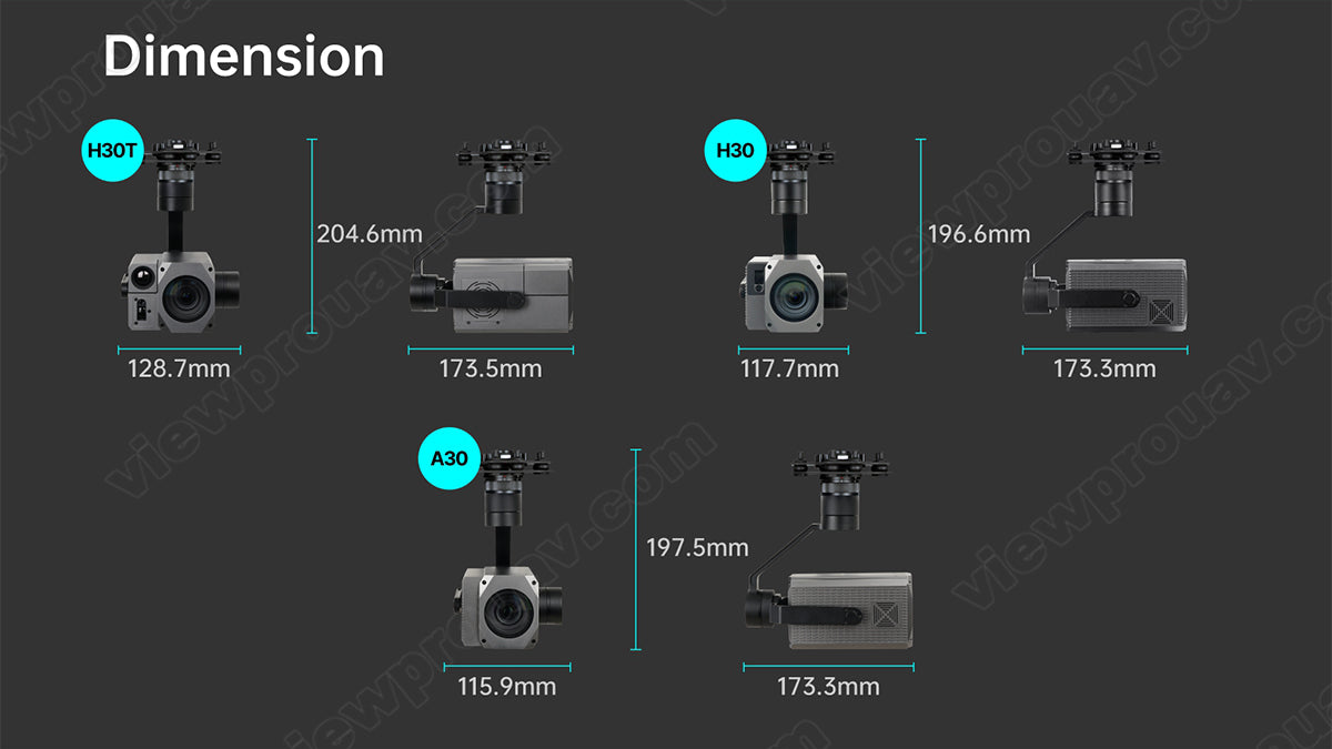 The ViewPro H30T Gimbal Camera is compact and lightweight, measuring 204.6mm x 196.6mm x 117.9mm for easy carrying.