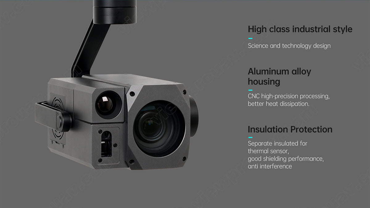 ViewPro H30T Gimbal Camera, High-quality industrial-style science tech design with improved heat dissipation and insulation for thermal sensors.