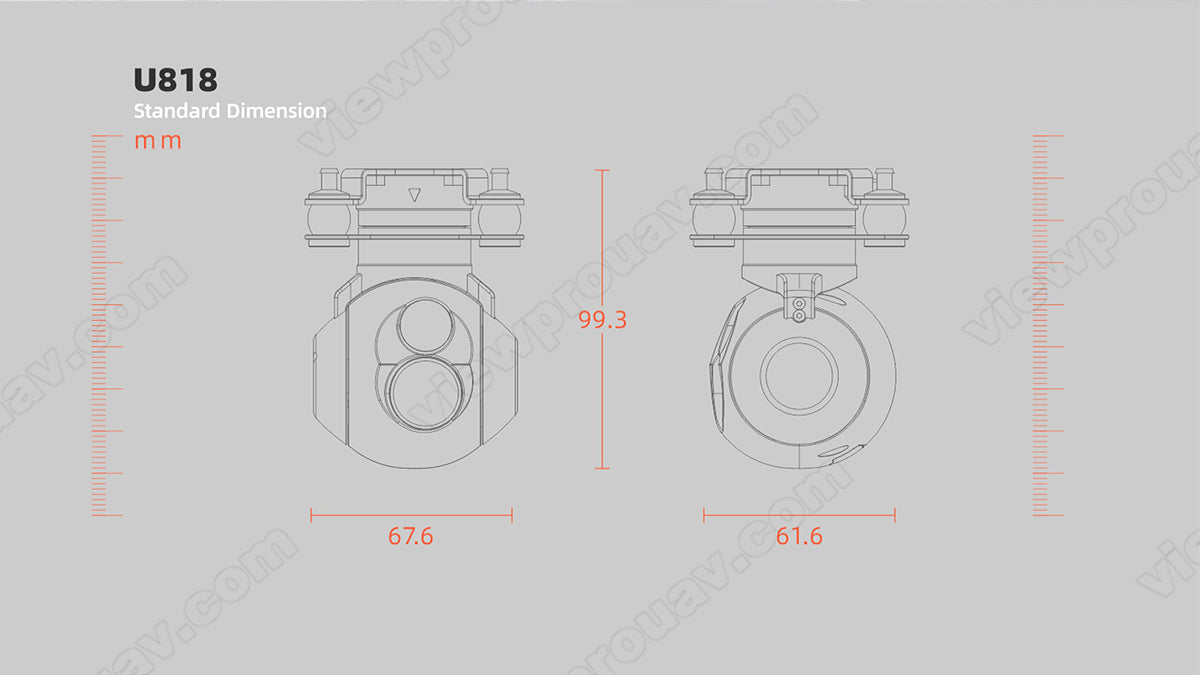 The ViewPro Hawkeye U818 Drone Gimbal has dimensions of approximately 4.99 inches x 2.63 inches x 2.44 inches.