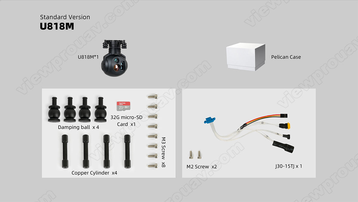 ViewPro Hawkeye U818 Drone Gimbal, Pelican Case includes micro-SD Card, damping balls, screws, cylinder, and other parts for camera equipment.