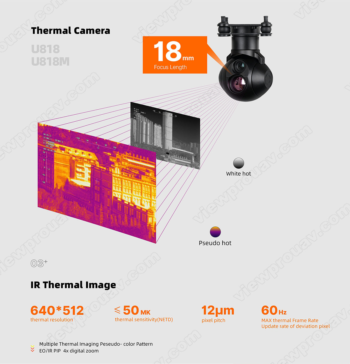 The ViewPro Hawkeye U818 Drone Gimbal features a thermal camera with high-resolution images, white-hot IR imaging modes, and multiple thermal imaging modes.