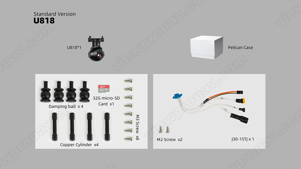 ViewPro Hawkeye U818 Drone Gimbal, The Standard Version U818 Hawkeye Drone Gimbal includes various components such as the U818 drone, Pelican case, and accessories.