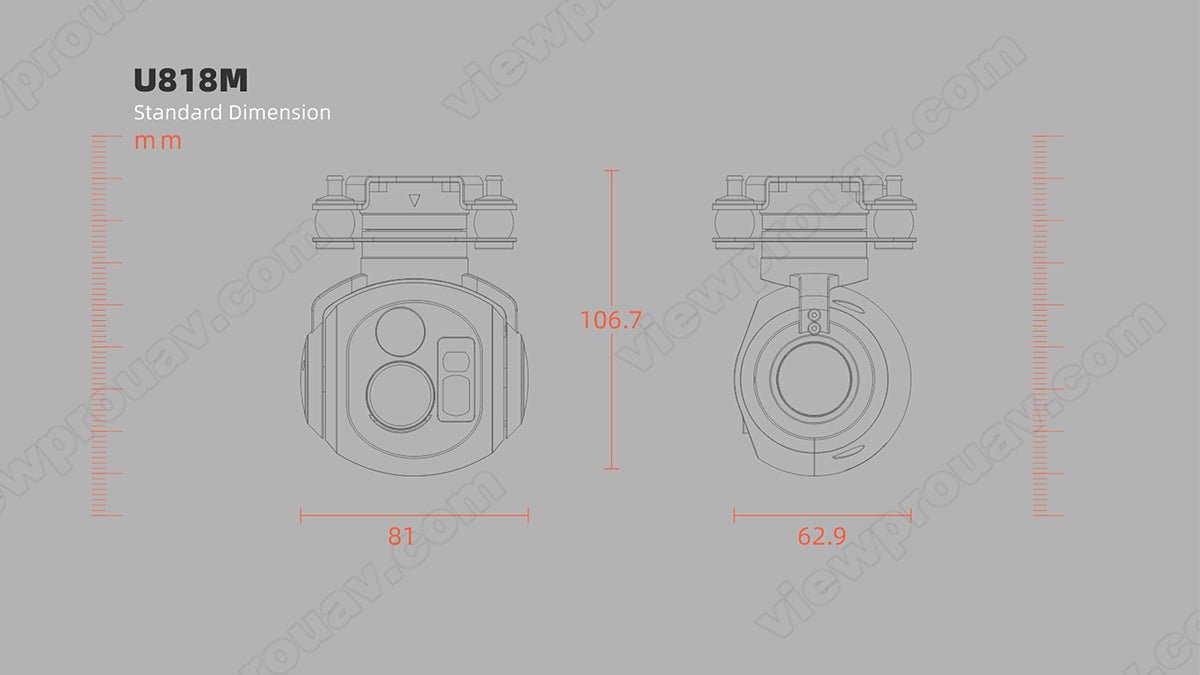 The ViewPro Hawkeye U818M drone gimbal measures 106.7mm long, 81mm wide, and 62.9mm high.