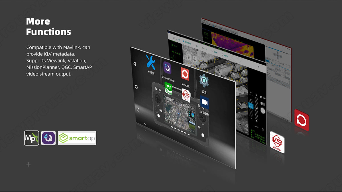 ViewPro Hawkeye U818M Drone Gimbal, Compatible with MAVLink, provides KLV metadata and supports various platforms including ViewLink, VStation, MissionPlanner, QGroundControl, and SmartAP.