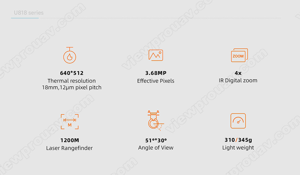 The ViewPro Hawkeye U818M Drone Gimbal features a high-resolution camera, thermal resolution, and digital zoom function.