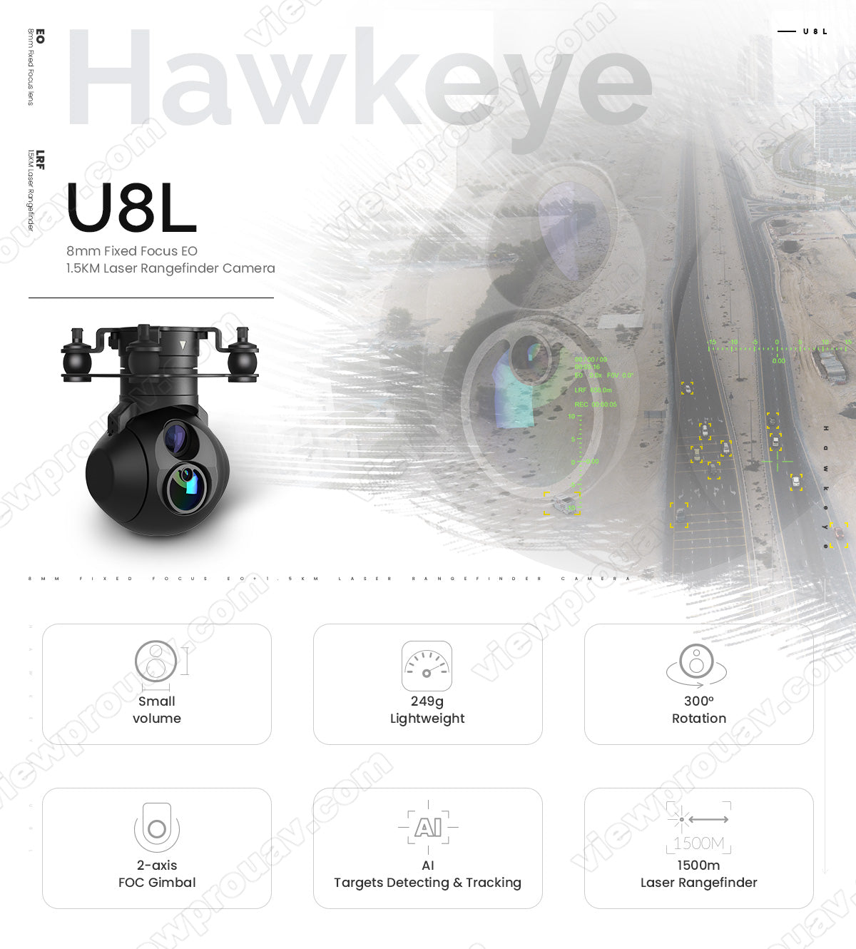 The ViewPro Hawkeye U8L Gimbal is a lightweight camera with a fixed focus EO and SKM laser rangefinder for detecting and tracking targets.