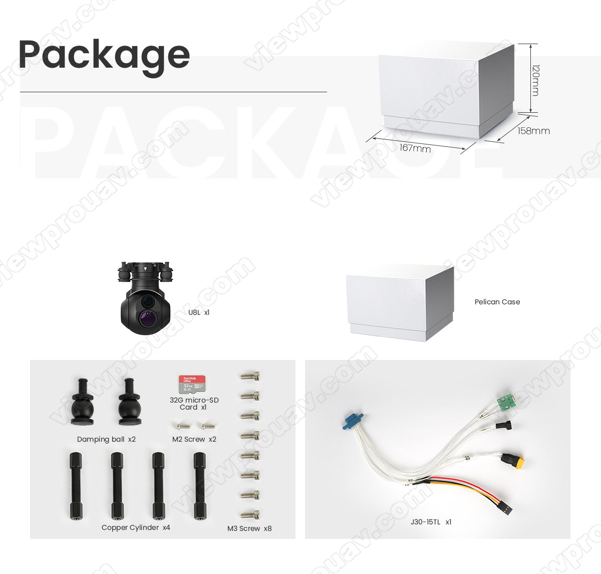 The ViewPro Hawkeye U8L Gimbal Package includes various accessories.