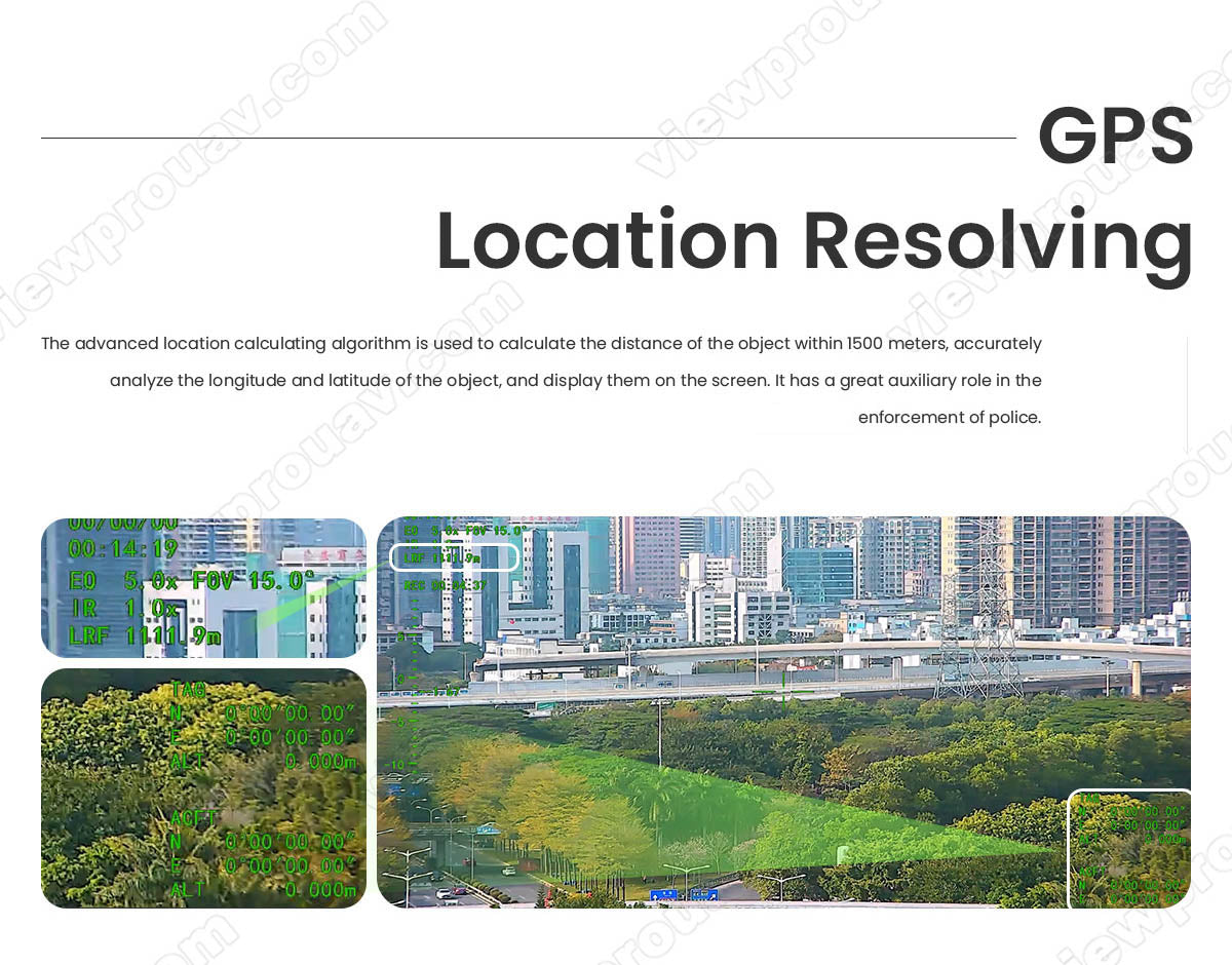 ViewPro Hawkeye U8L Gimbal, An advanced GPS algorithm calculates distances within 1.5km using longitude and latitude, aiding police enforcement