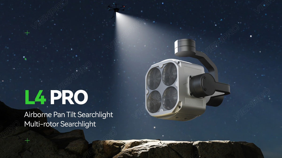 ViewPro L4 Pro, High-performance searchlight for aerial surveillance with pan tilt capabilities and multi-rotor design for stable imaging.