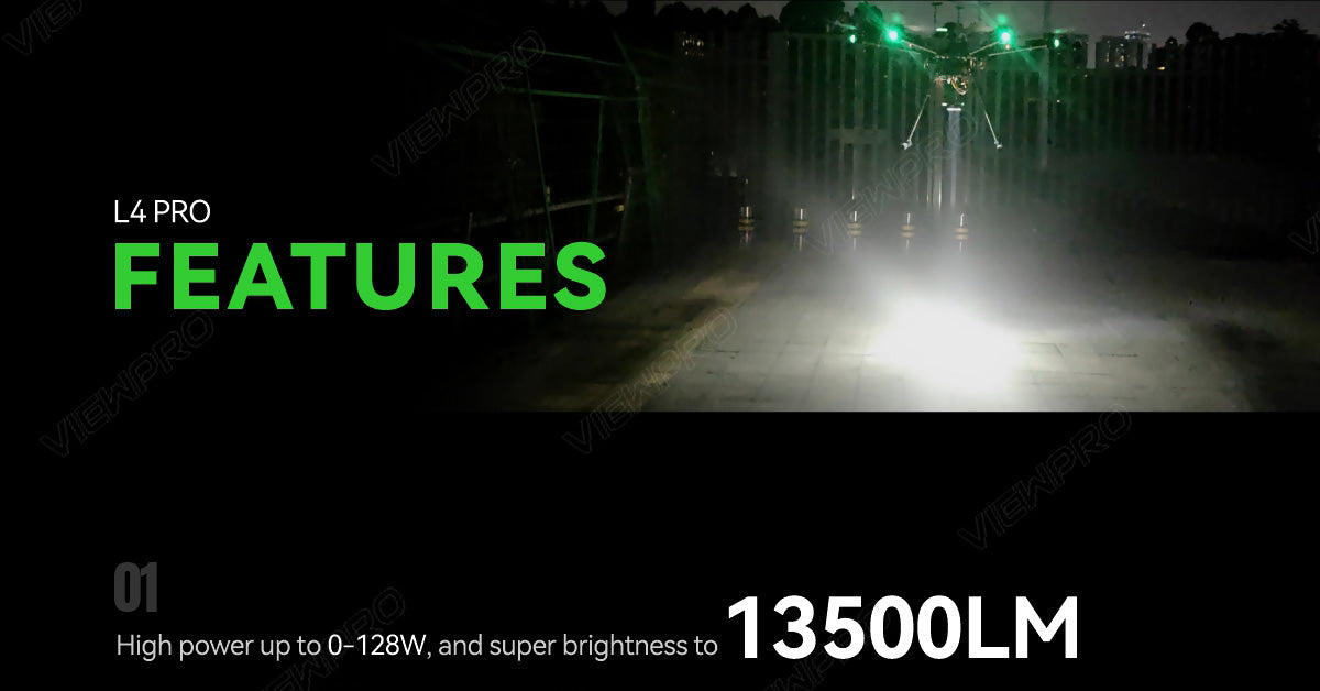 ViewPro L4 Pro is a 3-axis airborn pan tilt searchlight for multi-rotor drones with a 150m lighting distance.