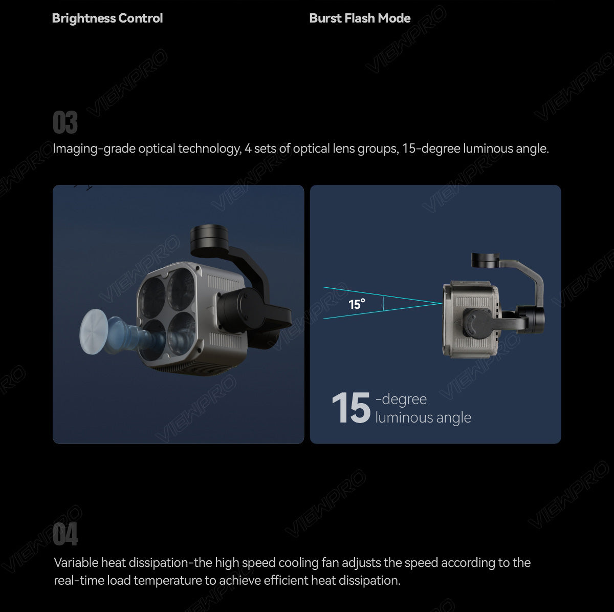 The ViewPro L4 Pro features brightness control, burst flash mode, and imaging-grade optical technology, along with variable heat dissipation and a high-speed cooling fan.