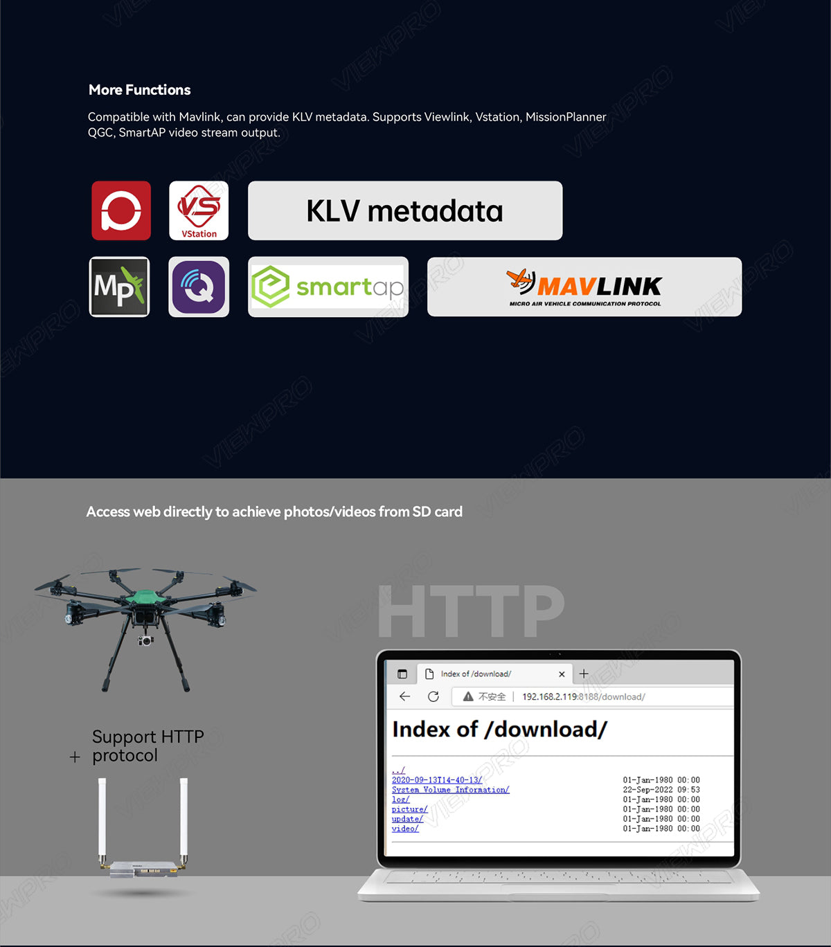 ViewPro Mini H30T Gimbal, More functions compatible with Mavlink provide KLV metadata, supporting Viewlink, VStation, MissionPlanner QGC, and SmartAP video stream output.