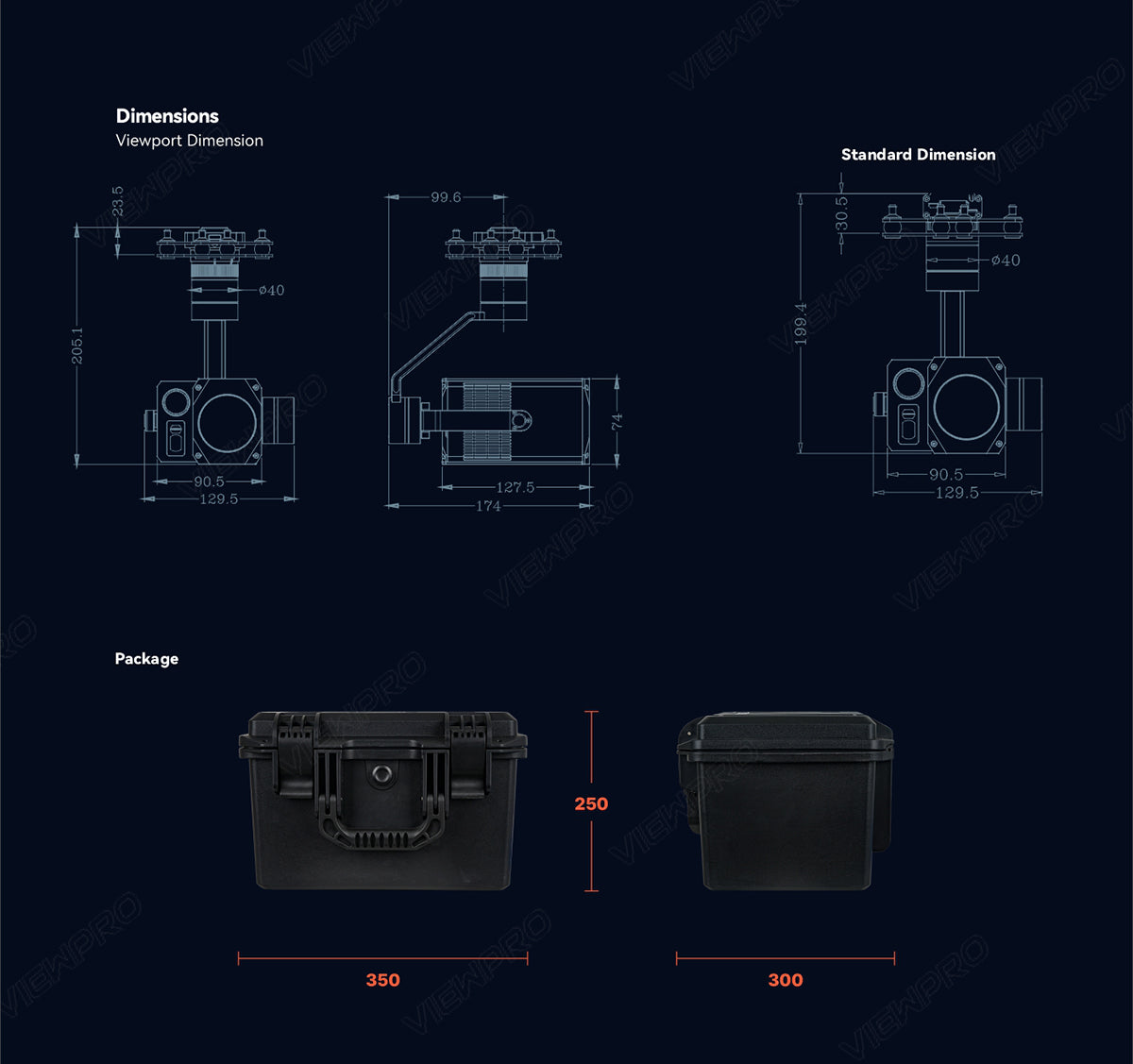 The ViewPro Mini H30T Gimbal has a compact design with dimensions of 40mm x 90mm x 127.5mm.