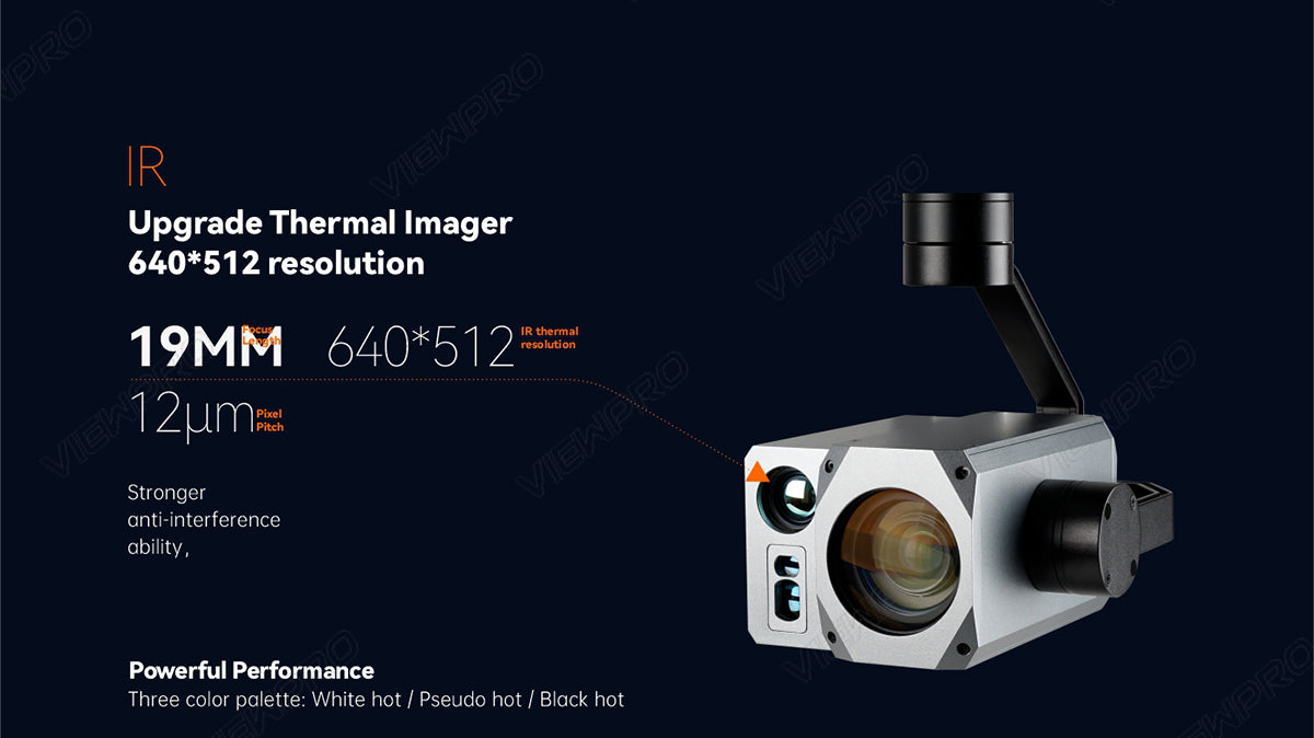 The ViewPro Mini H30T Gimbal features an IR thermal imager with 640*512 resolution, strong anti-interference ability, and a three-color palette.