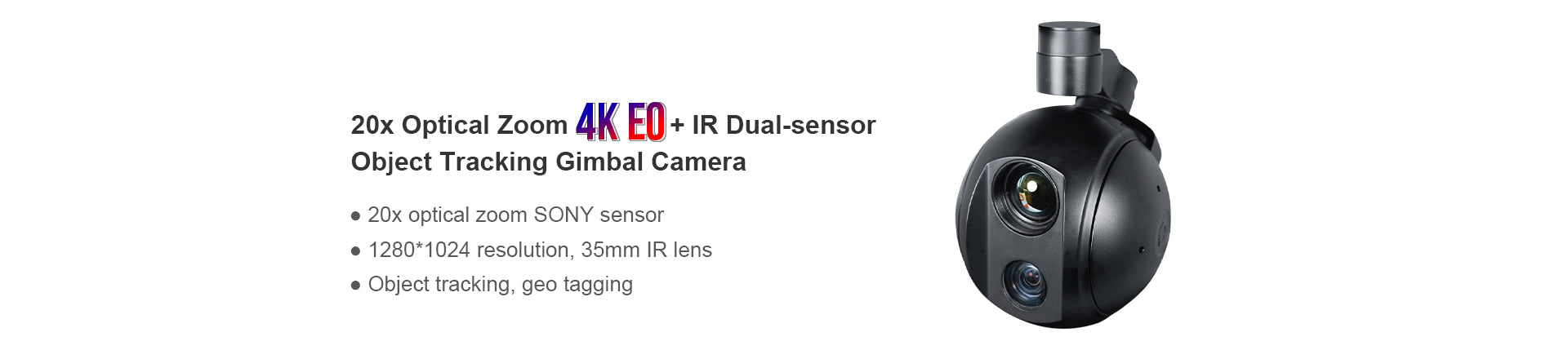 ViewPro Q20KTIR Pro Gimbal, A camera featuring an optical zoom, high-resolution Sony sensor, infrared lens, and dual-sensor object tracking capabilities.