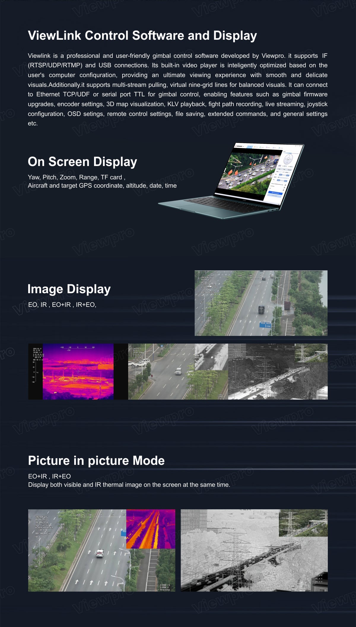 ViewPro Q20KTIRM Gimbal, ViewLink Control Software enables gimbal control, video playback, and multi-stream pulling with Ethernet and serial port connections.