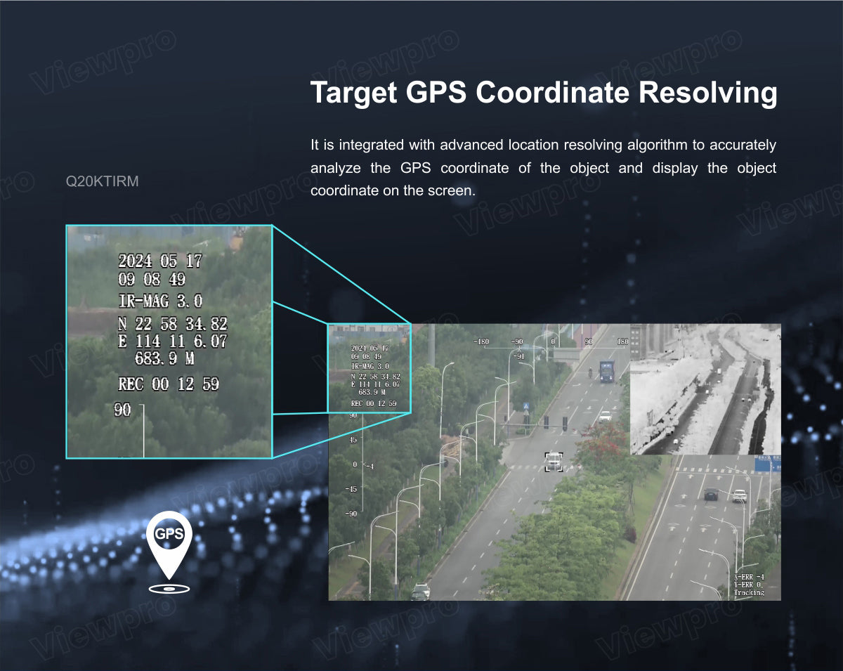 The ViewPro Q20KTIRM Gimbal features a GPS Coordinate Resolving algorithm for accurate object analysis and display.