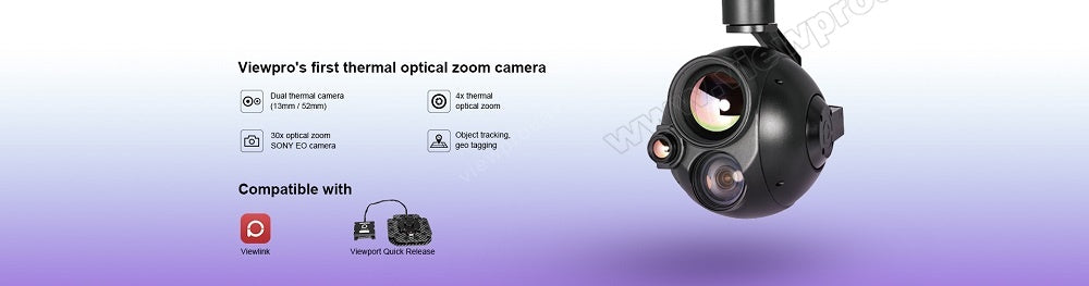 ViewPro Q30TIR-1352 Gimbal, ViewPro thermal optical zoom camera features a 47mm lens and 3x-327m zoom, CE certified, compatible with Junmo UAV and similar systems.