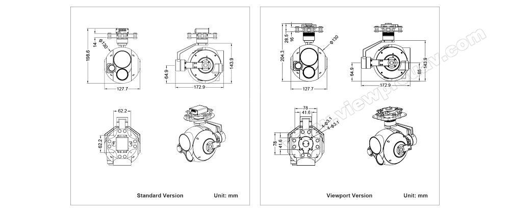 The ViewPro Q30TIR-1352 Gimbal measures 172mm x 427mm x 7mm.