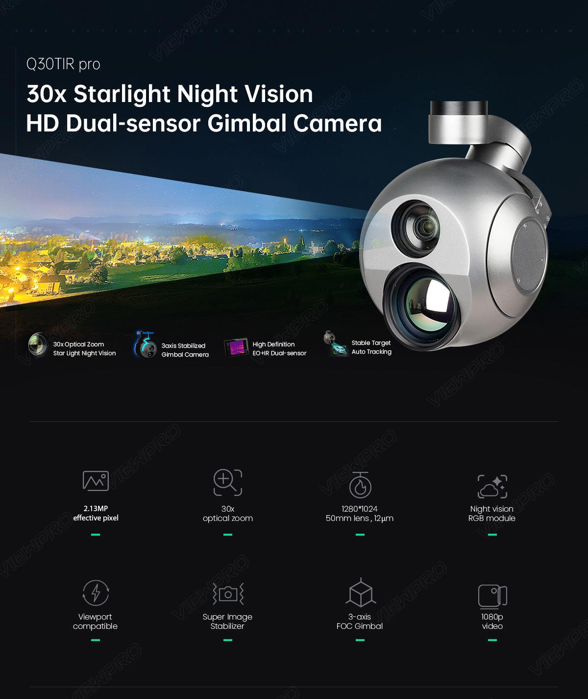 ViewPro Q30TIR PRO camera features night vision, optical zoom, and stabilization for high-definition video capture.