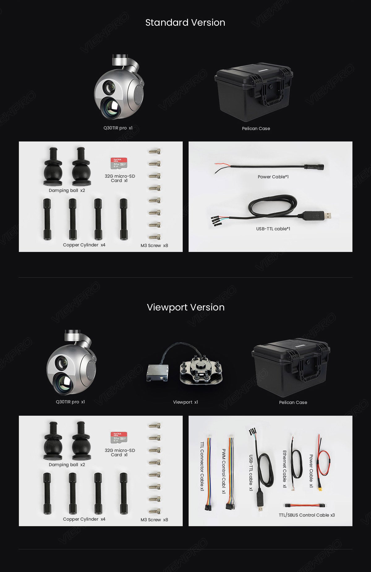 ViewPro Q30TIR PRO, A comparison of two versions of a Pelican case, highlighting their included components and differences.