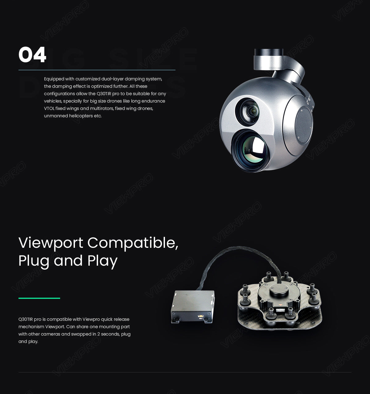 The ViewPro Q30TIR PRO has a customized dual-layer damping system for various vehicles, including drones.