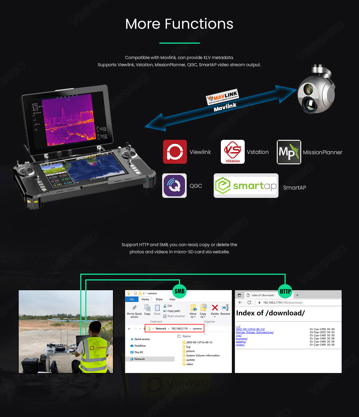 The ViewPro Q30TIR PRO offers advanced functions, including Mavlink compatibility, KLV metadata, and support for mission planning and video stream output.