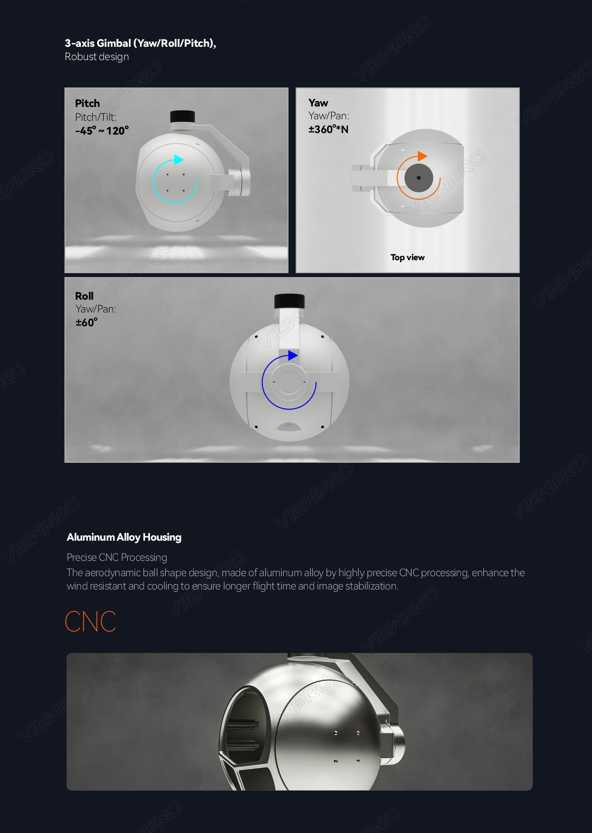 ViewPro Q30TIRM-15100 Triple Sensors Gimbal, 3-axis gimbal with robust design and precise CNC processing, offering ±45°/±120°/±360° pitch/yaw/roll angles.