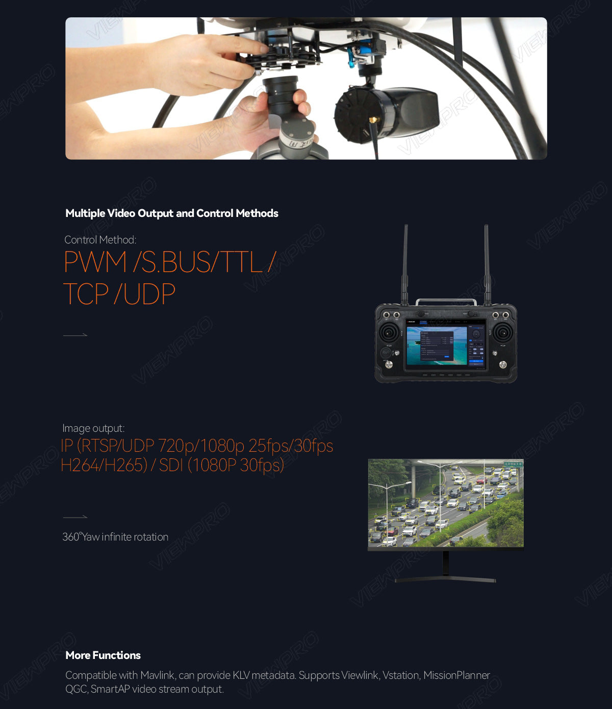 ViewPro Q30TIRM-15100 Triple Sensors Gimbal, A camera for drones, featuring triple sensors, 7x optical zoom, 1280 thermal imaging, and 10km laser rangefinder.