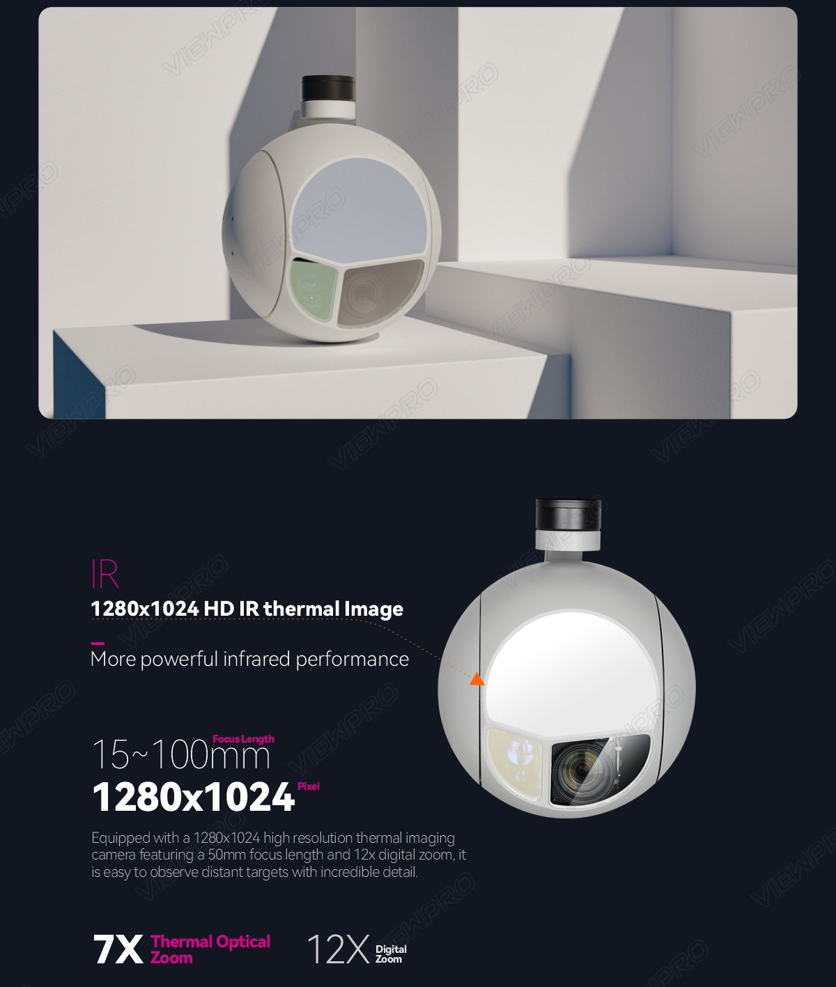 ViewPro Q30TIRM-15100 Triple Sensors Gimbal, The ViewPro Q30TIRM-15100 features a high-resolution thermal imaging camera with 1280x1024 pixels, 15-100mm focus length, and 12x digital zoom for detailed target observation.