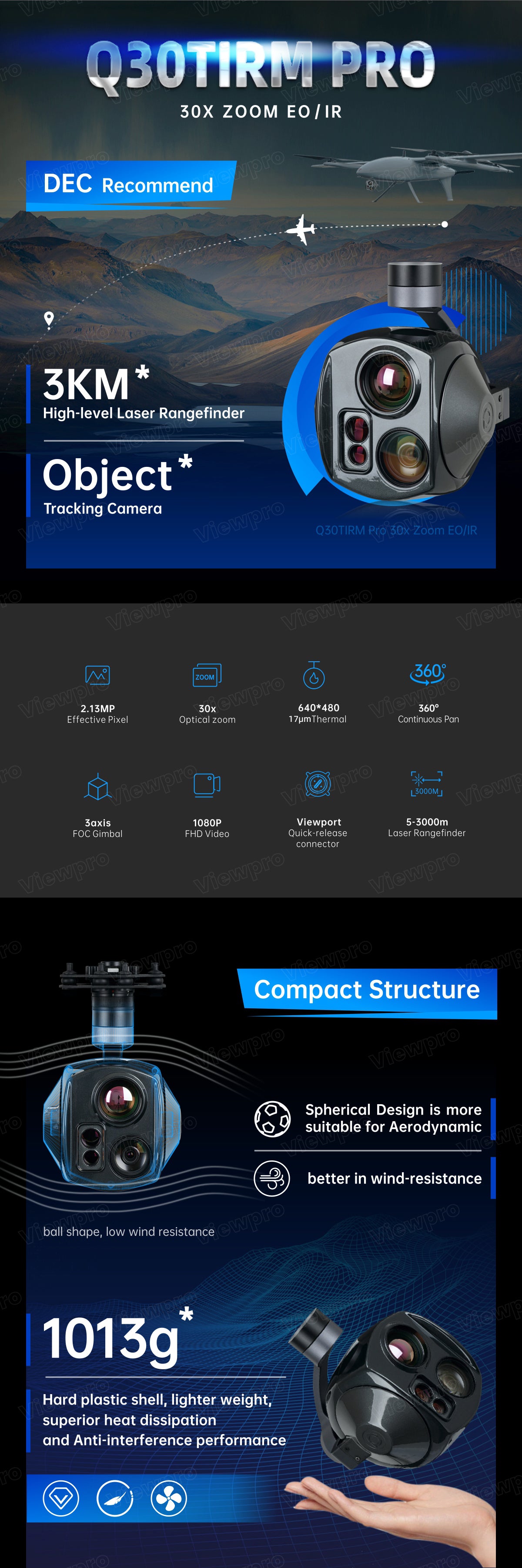 The ViewPro Q30TIRM Pro Gimbal has a 2.13MP sensor, 3-axis stabilization, and supports up to 5-3000m FOV with features like object tracking and laser rangefinder.