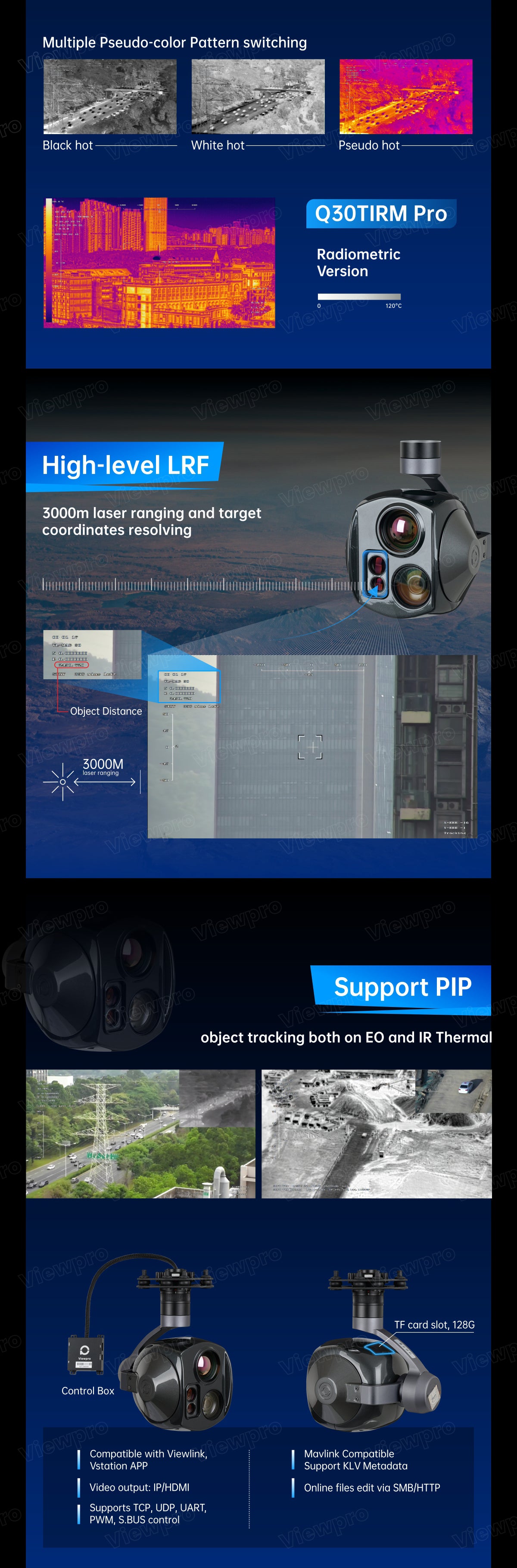 ViewPro Q30TIRM Pro Gimbal, ViewPro Q30TIRM Pro Radiometric Version 8.0 features high-level LRF up to 3000m, TiGaAs sensor tech, and supports various protocols for imaging and control.