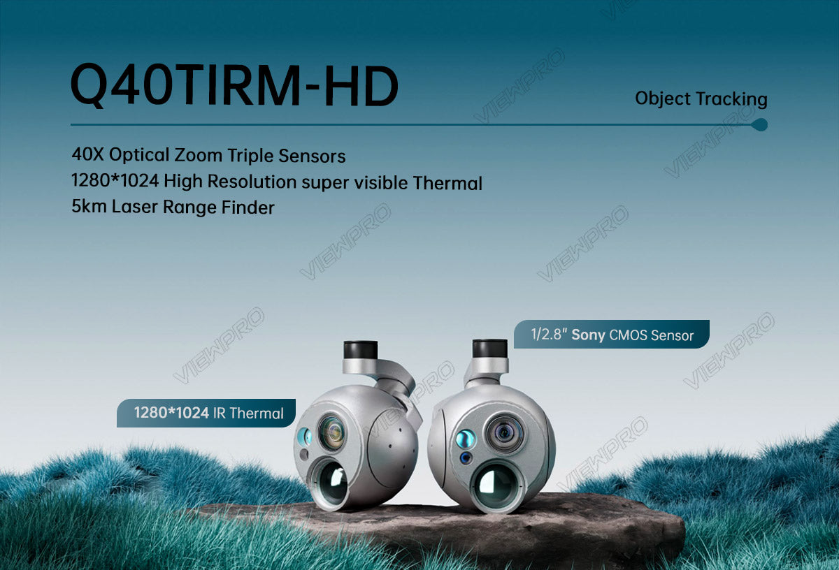 The ViewPro Q40TIRM-HD drone gimbal features object tracking, 40x optical zoom, triple sensors, and thermal imaging.