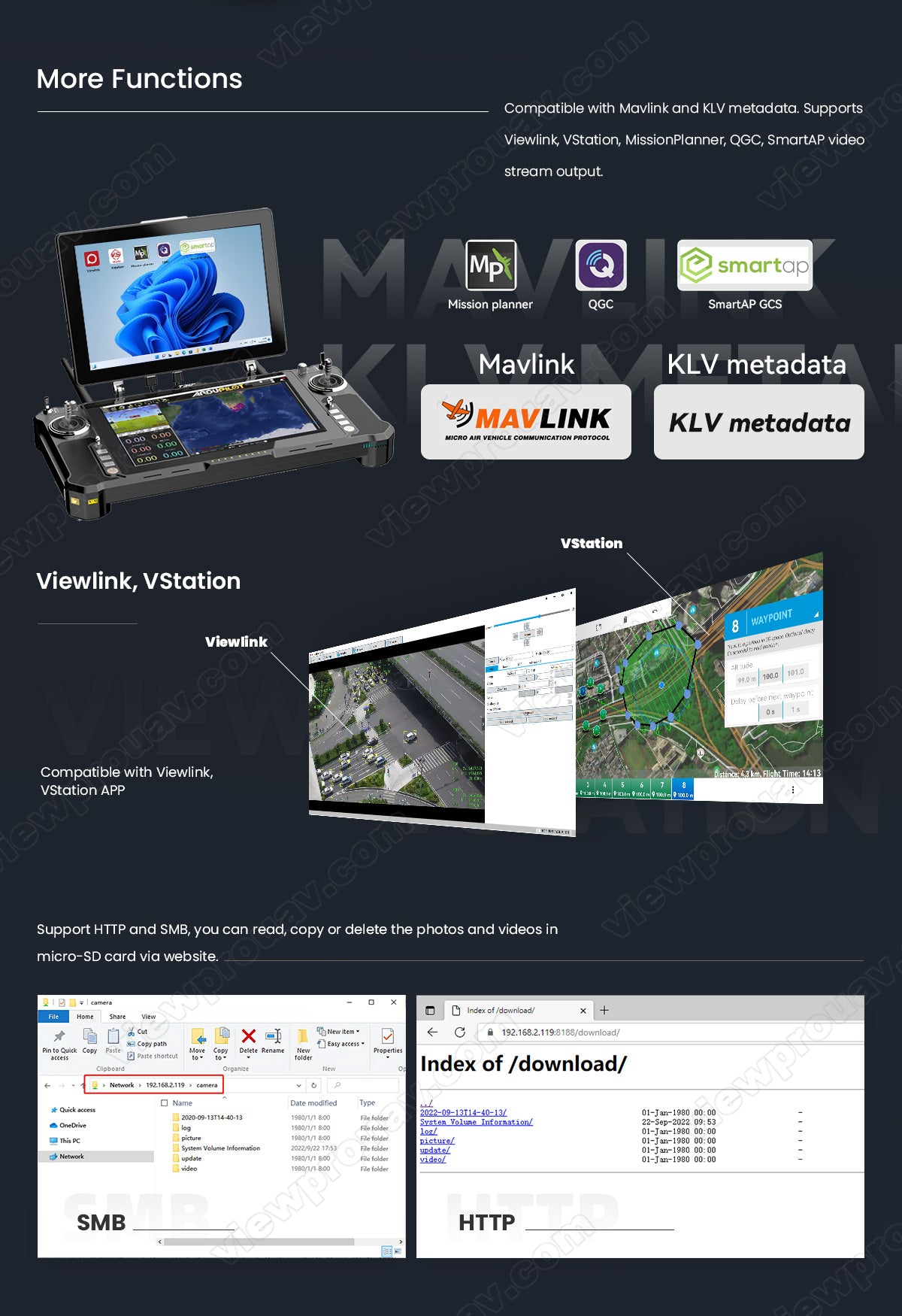 The ViewPro Q40TIR offers functions for MAVLINK, KLV metadata, and supports various protocols for video stream output and file management.