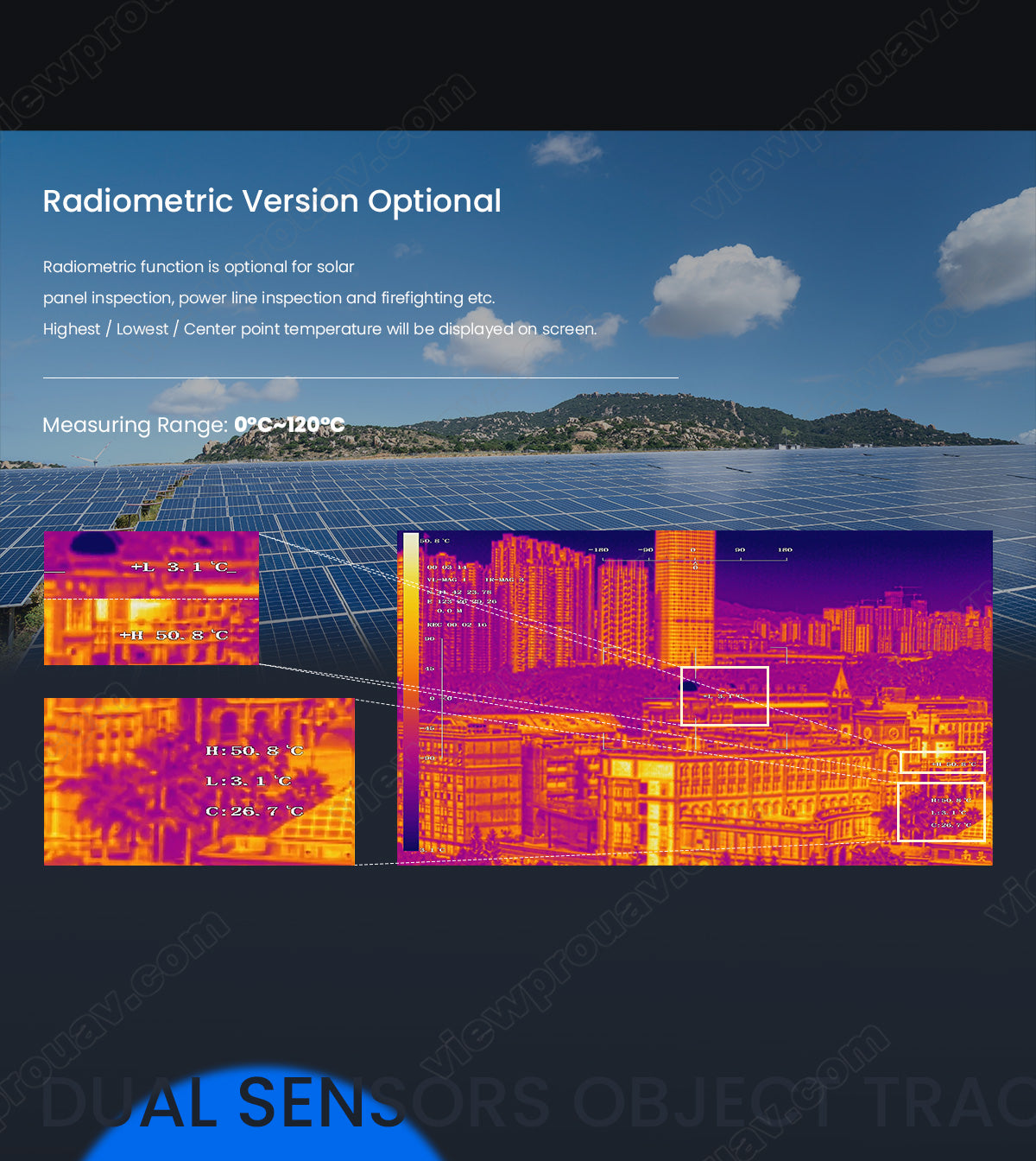 The ViewPro Q40TIR radiometric camera offers optional functions for solar panel inspection, power line inspection, and firefighting, displaying temperature ranges.