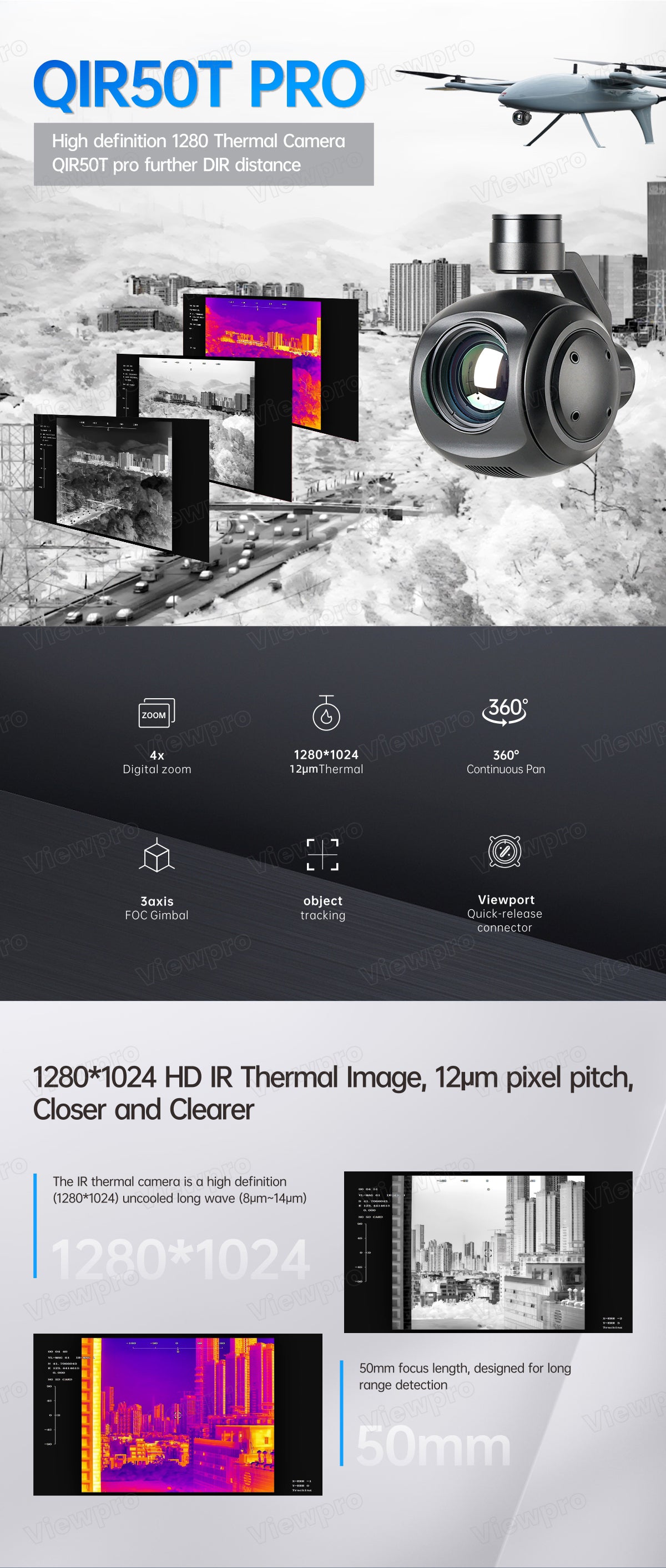 ViewPro QIR50T Pro Gimbal, The QIR50T Pro Gimbal features thermal camera with high-definition resolution and zoom capabilities for object tracking and long-range detection.