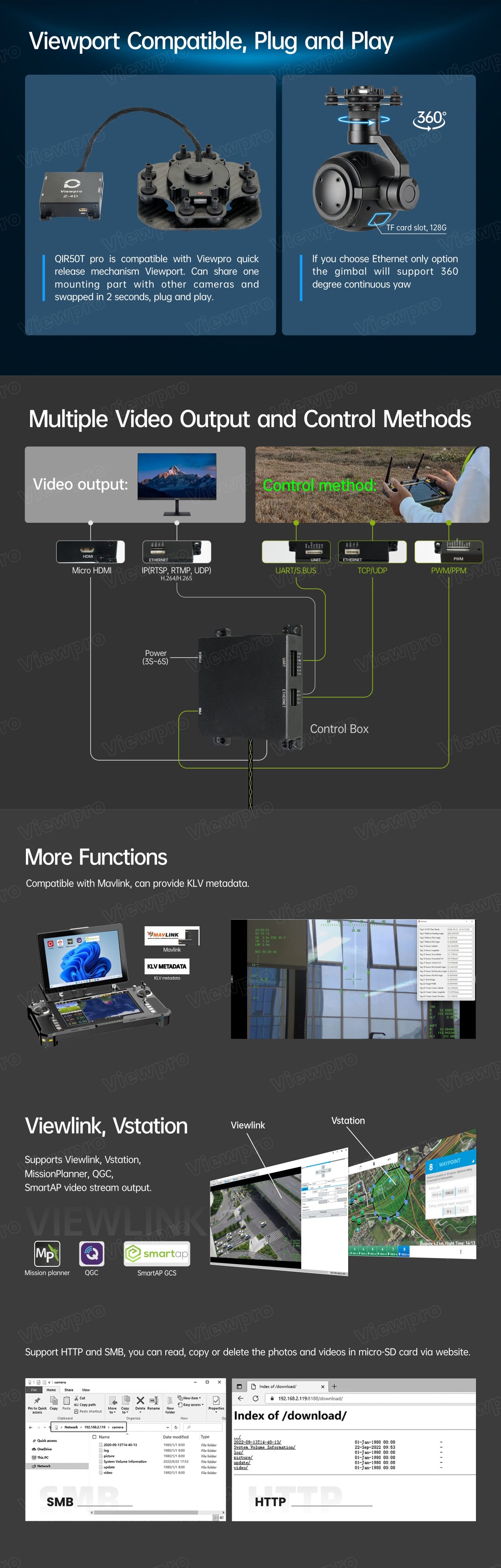 The ViewPro QIR50T Pro Gimbal is a plug-and-play solution with multiple video output options and various control methods.