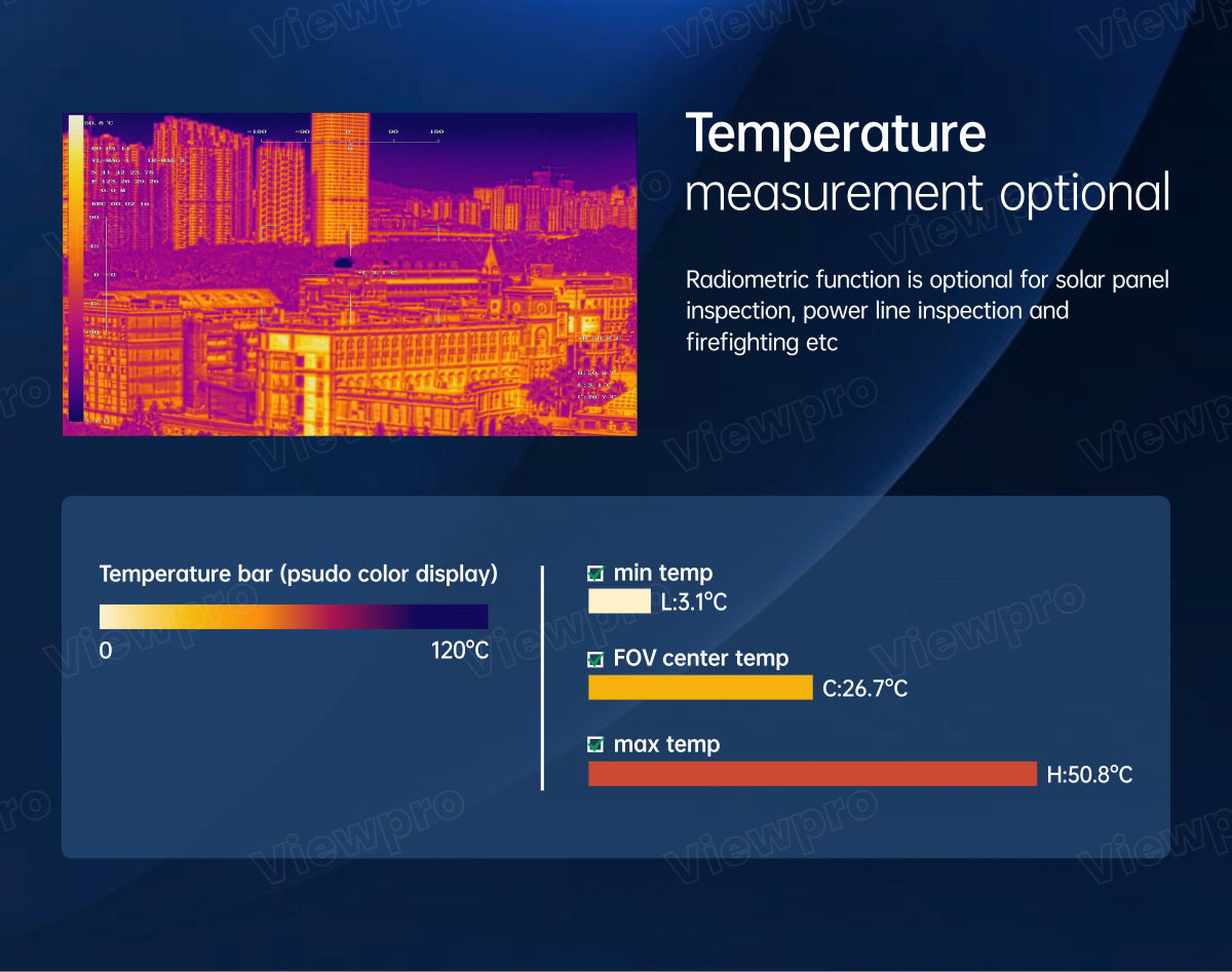 The VieViewPro QIR50T Pro Gimbal offers temperature measurement and radiometric functions for solar panel inspection, power line inspection, and firefighting.