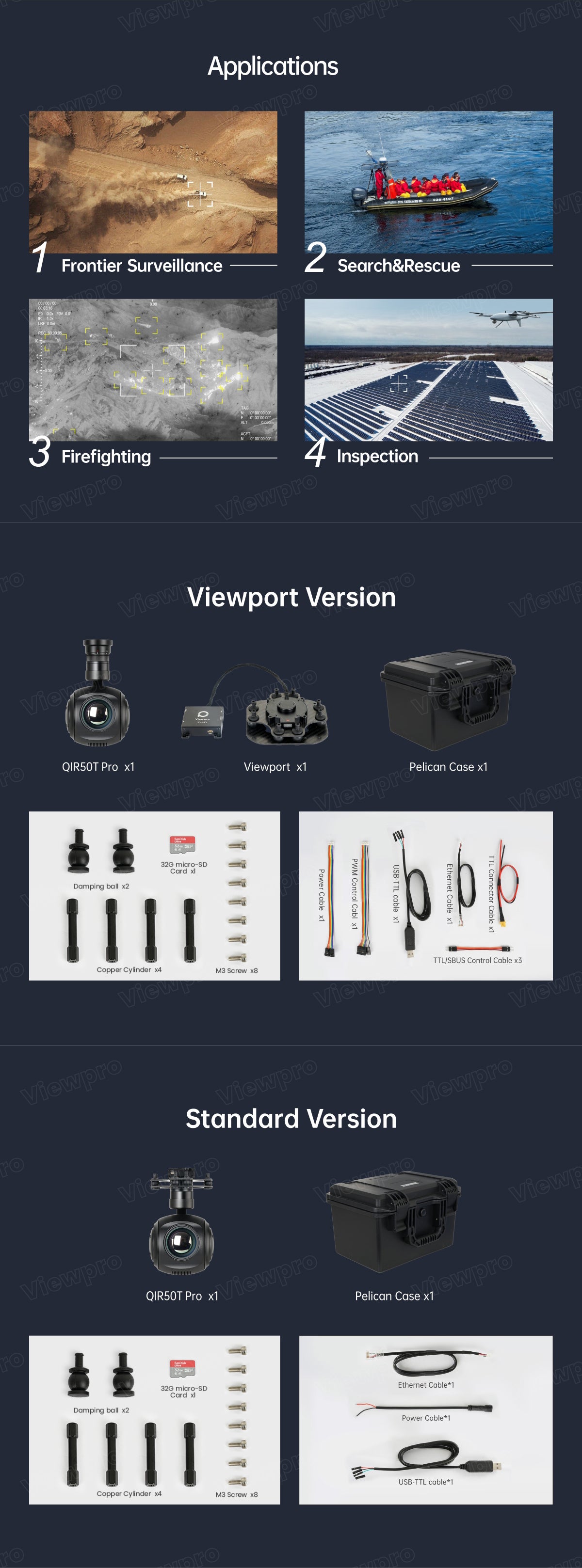 The ViewPro QIR50T Pro Gimbal has various applications for surveillance, search and rescue, firefighting, inspection, and more.