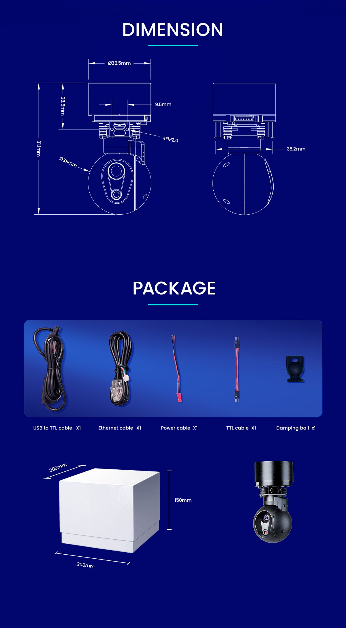 ViewPro U2 Gimbal, The device has a dimension of 38mm x 9mm x 35.2mm and includes various cables and accessories.