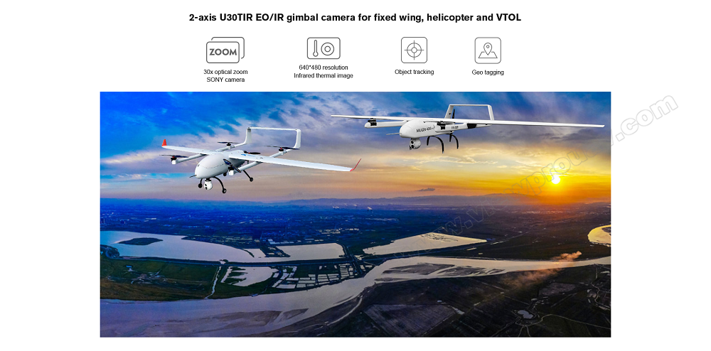 ViewPro U30TIR EO Camera, A two-axis U30TIR EO/IR gimbal camera suitable for fixed-wing, helicopter, and VTOL uses, offering 30x zoom capabilities.