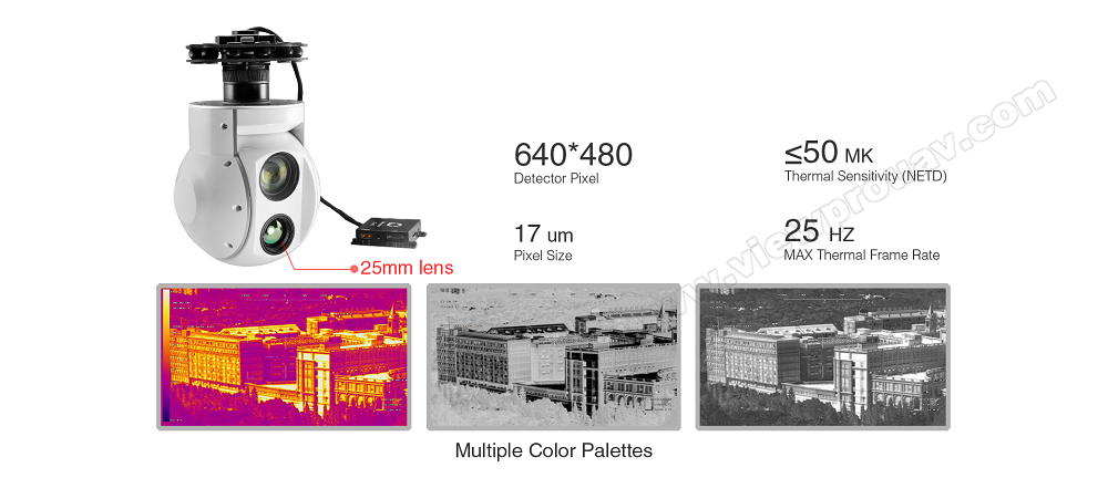 ViewPro U30TIR EO Camera, The ViewPro U30TIR camera features a thermal sensor with a 640x480 resolution, 50 MK detector, and maximum frame rate of 25 Hz.