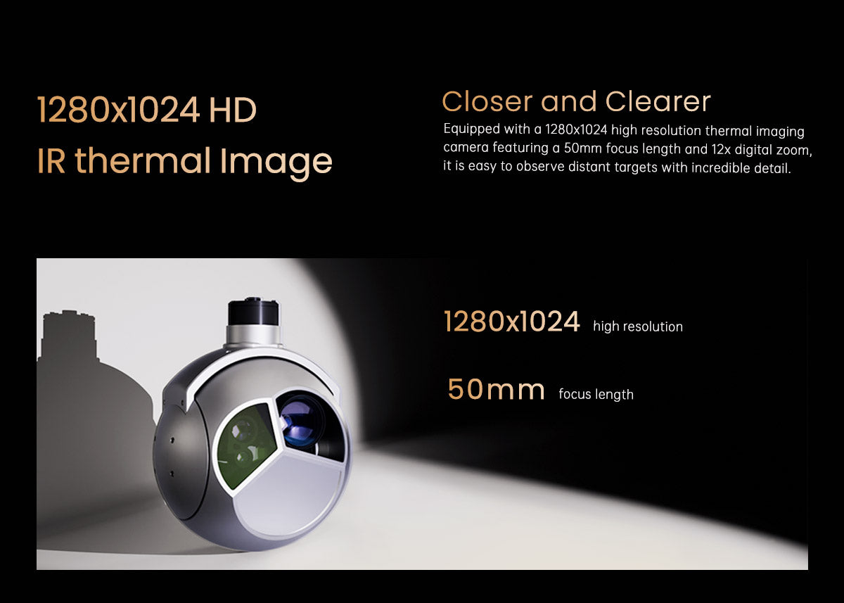 ViewPro U30TIRM-HD Triple Sensors Gimbal, The ViewPro U30TIRM-HD features a 1280x1024 thermal imaging camera with 5cm focus length and 12X digital zoom for clear observation.