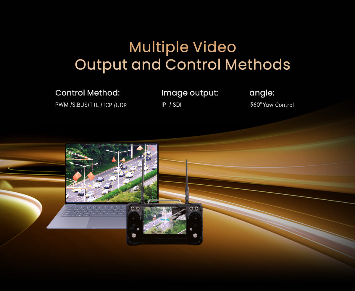 ViewPro U30TIRM-HD Triple Sensors Gimbal, Multiple video output methods including image, angle, PWM, S.Bus, ITTl, TCP, UDP, and IP with SDI output and 360-degree yaw control.