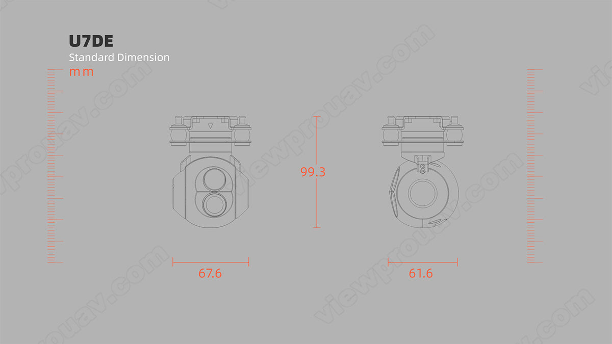 ViewPro U7DE Dual EO Sensors Gimbal, Compact camera ideal for small drones, dimensions are 99mm x 67.6mm x 61.6mm