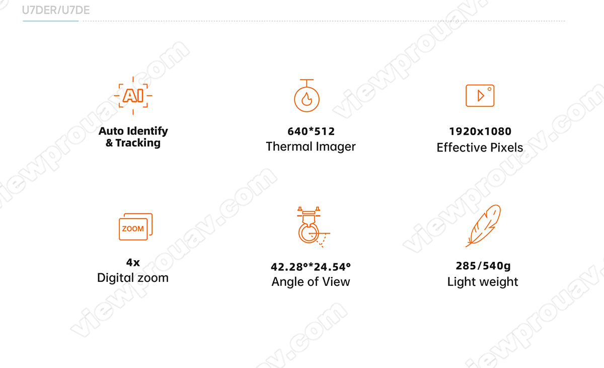 ViewPro U7DE Dual EO Sensors Gimbal, The ViewPro U7DE camera features dual EO sensors with various resolutions, a thermal imager, and zoom capabilities in a lightweight design.