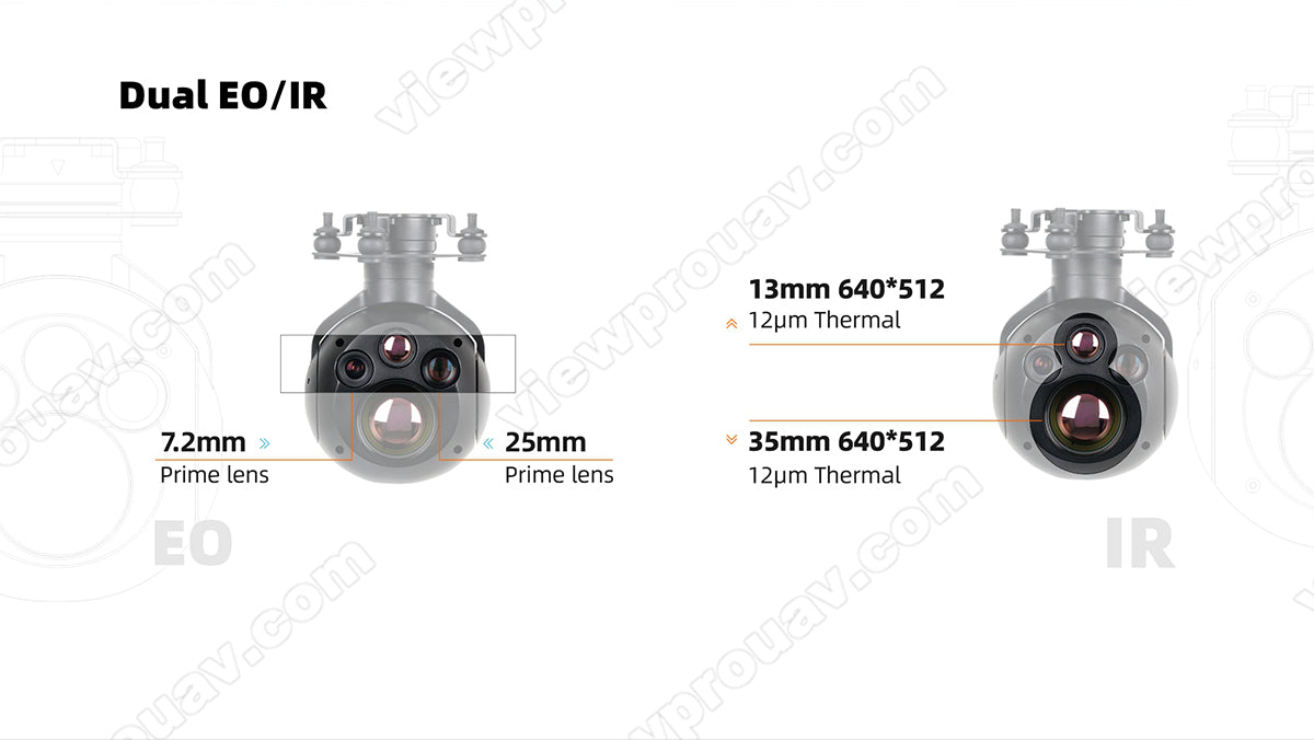 ViewPro U7DE Dual EO Sensors Gimbal, The ViewPro U7DE camera features dual electro-optical sensors, 13mm lens, and thermal imaging capabilities with high resolution and small pixel size.