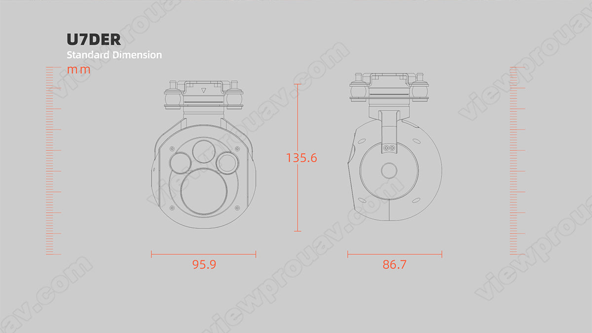 ViewPro U7DE Dual EO Sensors Gimbal, The ViewPro U7DE camera has dual EO sensors and a gimbal for UAV/Drone use, with dimensions 135.6mm x 95.9mm x 86.7mm.